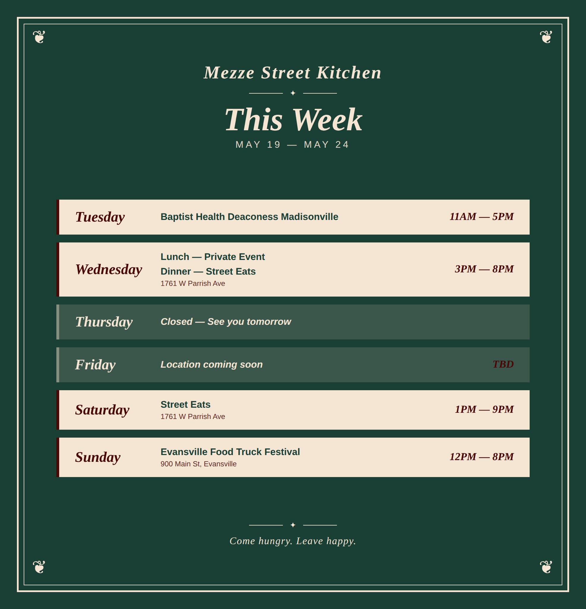 Mezze Street Kitchen weekly schedule